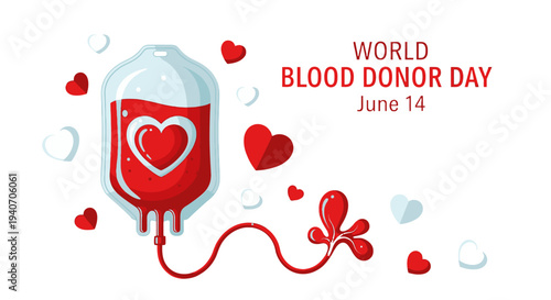 World Blood Donor Day banner with red hearts and blood bag.