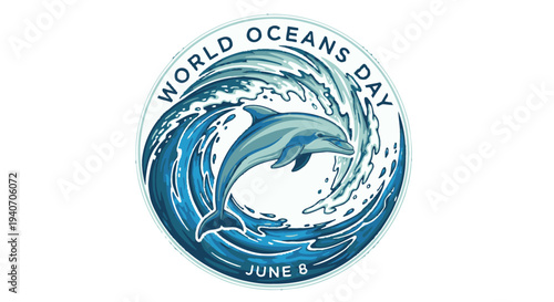 World Oceans Day logo with dolphin and wave design on June 8.