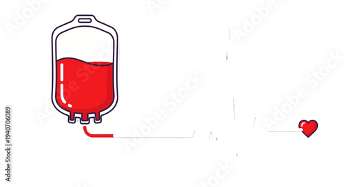 Medical Blood Donation Bag with Red Liquid and Heart Symbol.