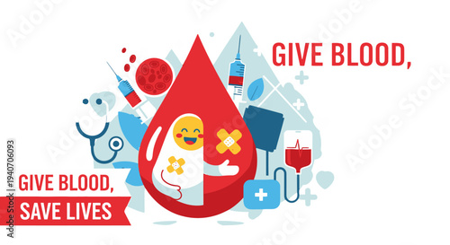 Blood Donation Awareness Poster with Medical Symbols and Slogans.