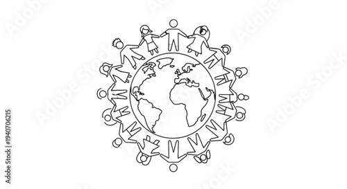 Global unity and cooperation symbol with people holding hands around the world.