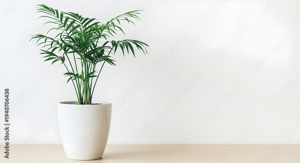 Fototapeta premium Lush green plant in modern white pot on wooden table
