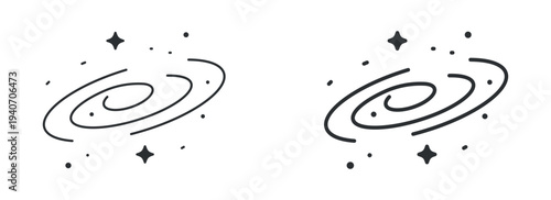 Galaxy swirl icon set, spiral galaxy space symbol with stars, outline and solid silhouette style. Vector illustration.