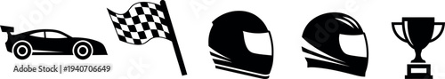 Racing icons including a car checkered flag racing helmets and trophy