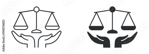 Justice protection icon set, legal balance scale in hands symbol, outline and solid silhouette style. Vector illustration.