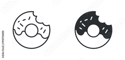 Donut with bite icon set, sweet dessert pastry symbol, outline and solid silhouette style. Vector illustration.
