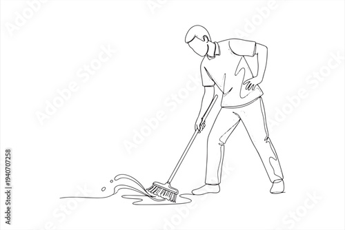 Man cleaning floor with mop in simple line art vector graphic illustration for janitorial services