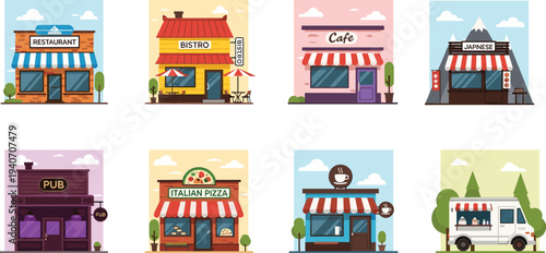 Colorful vector set of restaurant cafe bistro pub pizza shop coffee house japanese restaurant food truck storefront buildings flat illustration