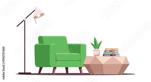 A minimalist living room scene featuring a green armchair a floor lamp and a side table silhouette high quality professional