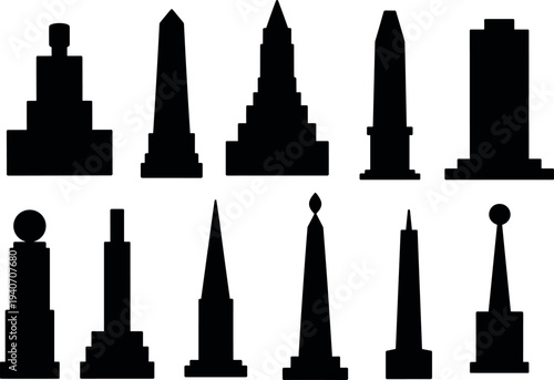 Set of monument and obelisk silhouette icons, assorted memorial pillar landmark shapes isolated on white background for architecture design