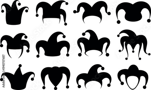 Collection of jester hat silhouette icons, assorted medieval joker carnival cap shapes isolated on white background for costume and festival design