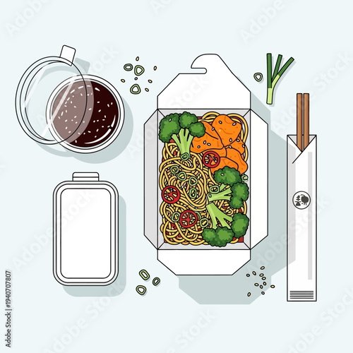 Overhead view of a delicious takeout noodle box filled with stir-fried noodles, chicken, broccoli, and cherry tomatoes, accompanied by soy sauce, chopsticks, and a small container.