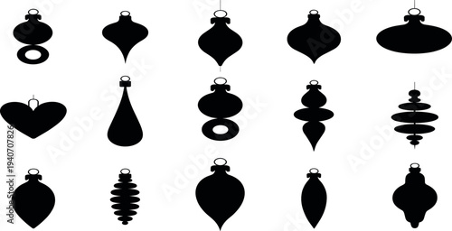 Collection of Christmas ornament silhouette icons, assorted hanging bauble decoration shapes isolated on white background for festive holiday design