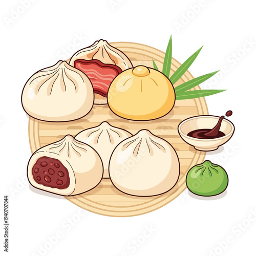 A delightful illustration showcasing a variety of steamed buns, including meat-filled, red bean paste, and plain varieties, served with soy sauce and bamboo leaves.