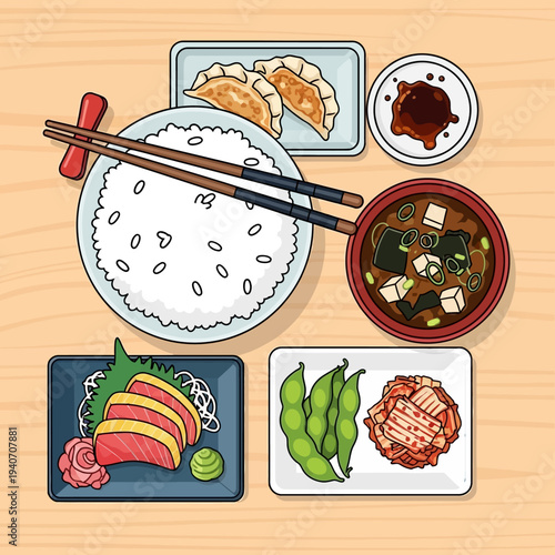 A top-down view of a traditional Japanese meal set on a wooden table, featuring rice, sashimi, miso soup, gyoza, edamame, and kimchi.