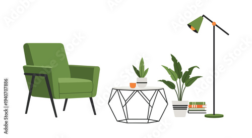 A minimalist living room scene featuring a green chair plants a table and a floor lamp silhouette high quality professional detailed
