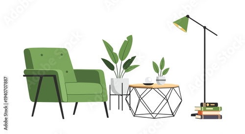 A cozy minimalist living room scene features a green armchair plants and a lamp in silhouette high quality professional detailed modern