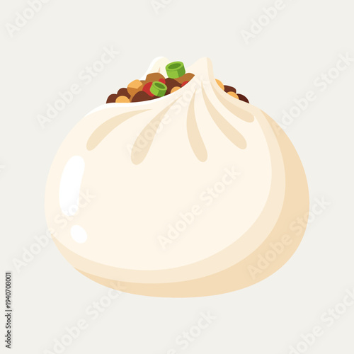 A close-up illustration of a single, plump, steamed bao bun with a savory meat and green onion filling peeking out from the top.