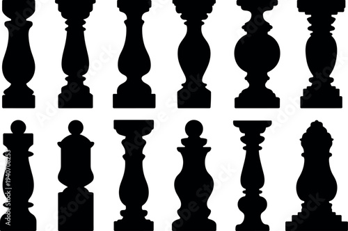 Set of classic wooden stair baluster silhouettes isolated on background, decorative railing posts and staircase spindle elements for interior design