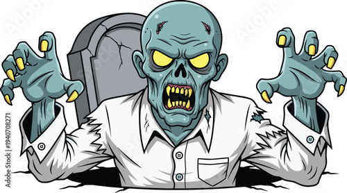 Creepy zombie rising from grave, scary undead monster character illustration, horror halloween spooky creature vector for apocalypse concept