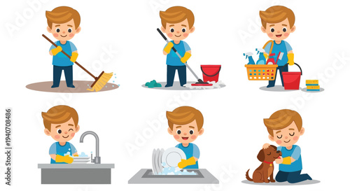 Cheerful boys diligently performing various household chores including cleaning and caring for pets silhouette high quality professional detailed modern elegant stylish