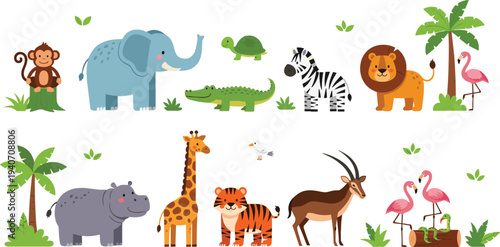 Cute cartoon jungle animals collection, lion elephant zebra giraffe tiger monkey flamingo wildlife characters vector illustration for kids