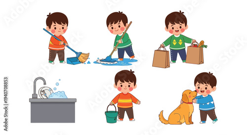 Charming illustrations depict children engaged in household chores and playful activities showcasing a delightful silhouette high quality professional detailed modern elegant