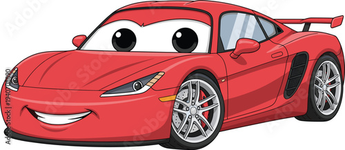 Cute cartoon red sports car character with smiling face big eyes animated vehicle mascot fast automobile vector illustration isolated