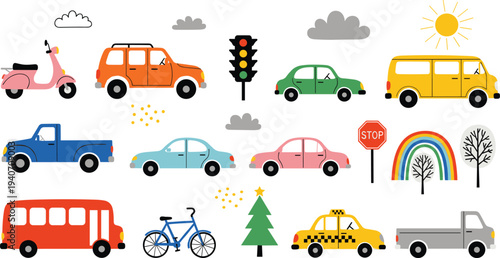 Cute cartoon transportation set, cars bus taxi bicycle scooter traffic light rainbow tree kids transport vector illustration collection