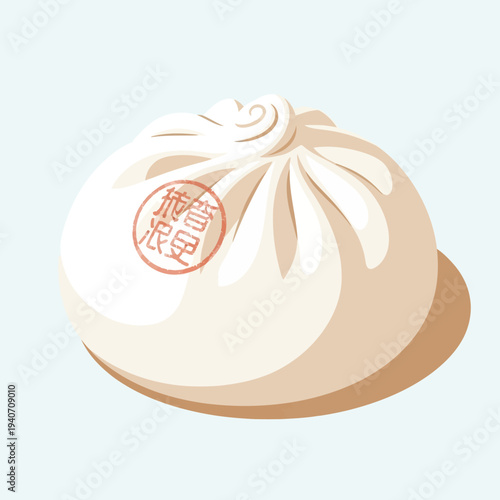 A close-up illustration of a single, plump, steamed bun with a red circular stamp on its top, set against a light blue background.