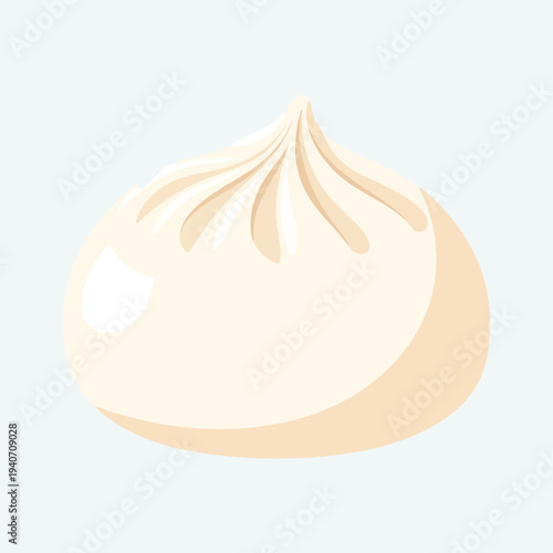 A simple, stylized illustration of a single, plump, white steamed bun with delicate pleats at the top, set against a pale blue background.