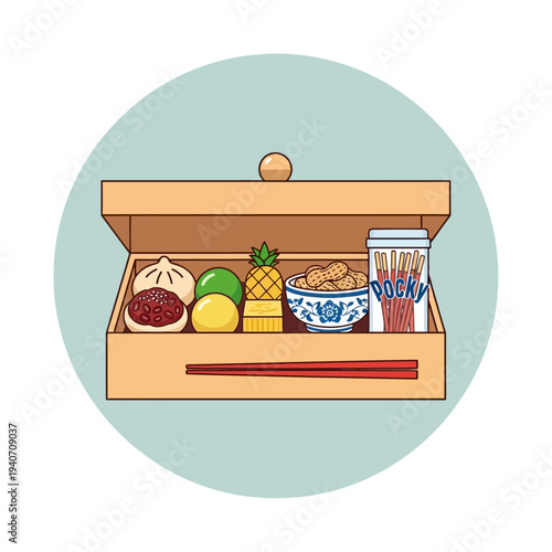 A wooden bento box filled with various snacks and treats, including a steamed bun, fruits, nuts, and chocolate biscuits, with chopsticks resting on the front.