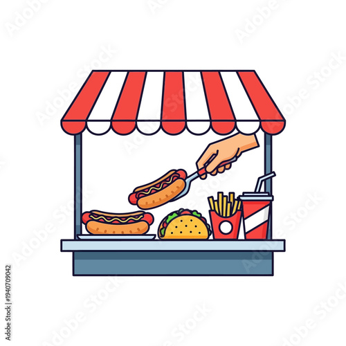 A hand serving a hot dog from a food stand with tacos, french fries, and a drink.