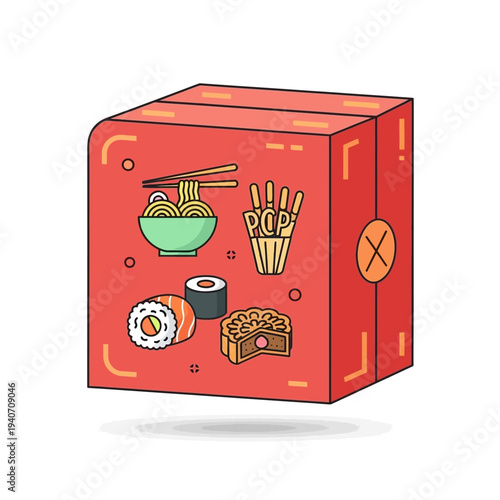 A vibrant red cube adorned with various delicious Asian food illustrations, including ramen, sushi, mooncakes, and snacks.