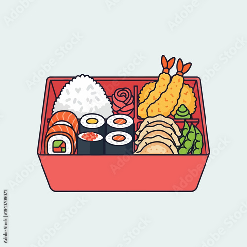 A vibrant illustration of a Japanese bento box filled with a variety of delicious foods, including sushi rolls, tempura shrimp, rice, and sliced meat.