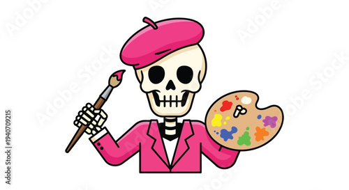 A vibrant pink skull artist with a beret and palette holding a brush depicted as a silhouette high quality professional detailed