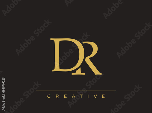DR creative logo design element with golden lettering and line