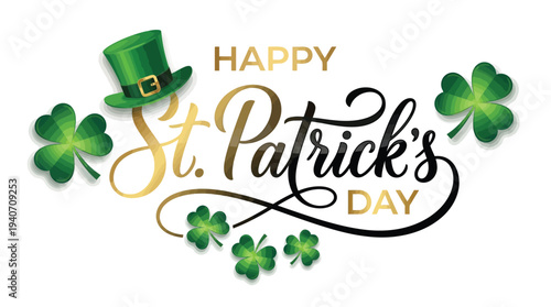 Happy St. Patrick Day lettering poster with green shamrock and orange stars. Irish traditional holiday. For greeting cart, poster, banner, flyer, web pages, social media. Isolated vector illustration