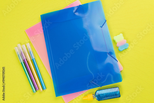 Colorful stationery on desk for creativity