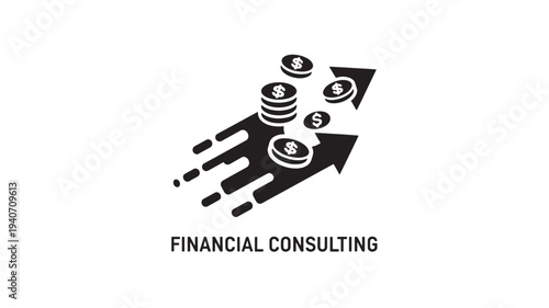 A  graphic illustrating financial consulting with coins and arrows indicating growth and investment strategy on a white background.