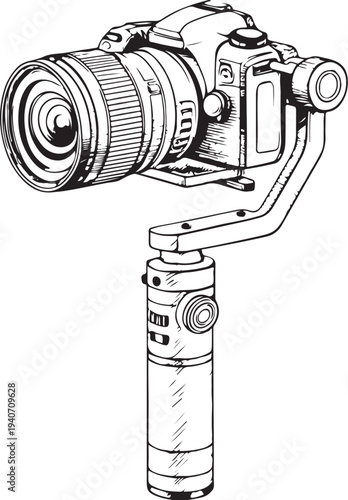 Camera gimbal Hand-drawn Sketch Drawing Vector Illustration, Line Linear Symbol Black and White Engraving, Isolated