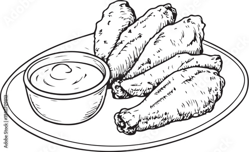 chicken wings with dipping sauce Hand-drawn Sketch Drawing Vector Illustration, Line Linear Symbol Black and White Engraving, Isolated