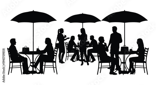 A group of people dining outdoors at tables shaded by umbrellas presented as a striking silhouette high quality professional detailed modern