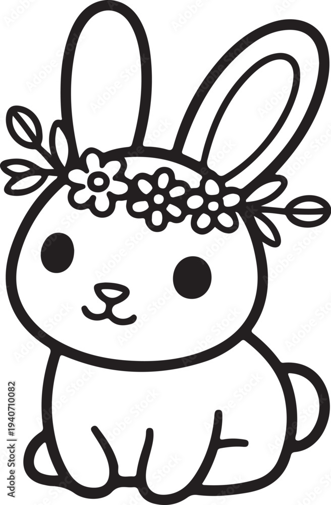 Obraz premium Cute Easter Bunny Rabbit in Flower Crown Hand-drawn Sketch Drawing Vector Illustration, Line Linear Symbol Black and White Engraving, Isolated