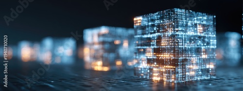 Abstract Digital Cube with Glowing Lights Representing Data and Technology.