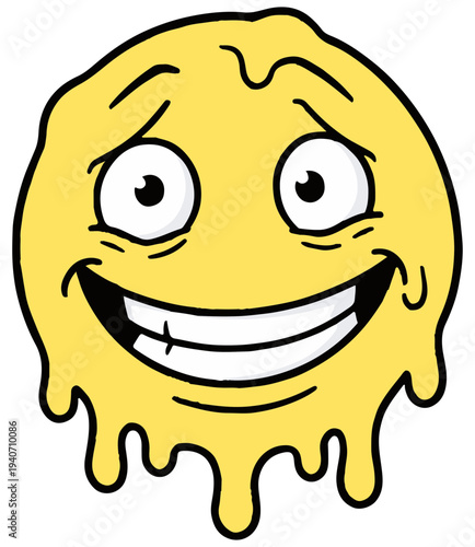 A surreal melting smiley face capturing chaotic internet humor. The distorted expression gives it a weird and funny vibe that aligns perfectly with Gen-Z meme culture.