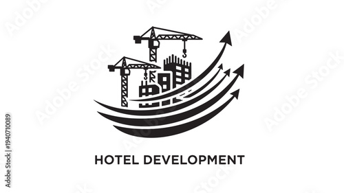 A  graphic illustration of a hotel development concept, featuring cranes and arrows indicating growth and progress, set against a clean white background.