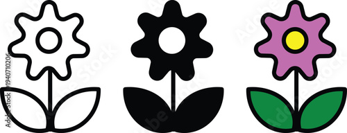 Colorful cartoon flowers with different colors and outlines white black