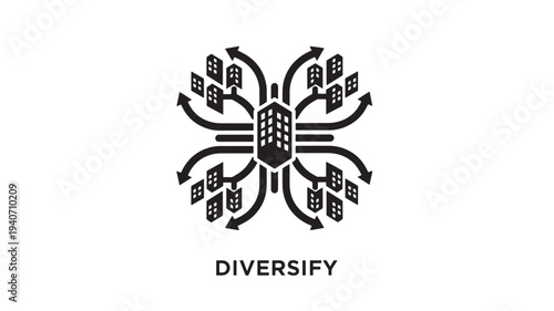 A  illustration depicting a diversification business strategy with multiple arrows and buildings, conveying growth and expansion. Ideal for finance, business, and investment themes.