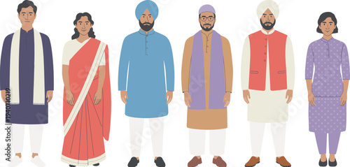 Indian People Wearing Traditional Clothing Set Men and Woman in Ethnic Cultural Dress Flat Vector Illustration